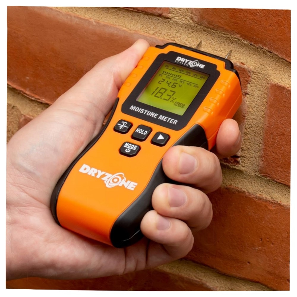 Dryzone Feuchtigkeitsmessgerät Profi – Holz & Mauerwerk messen (6–60%/0–40%), beleuchtetes LCD, handlich & vorkalibriert