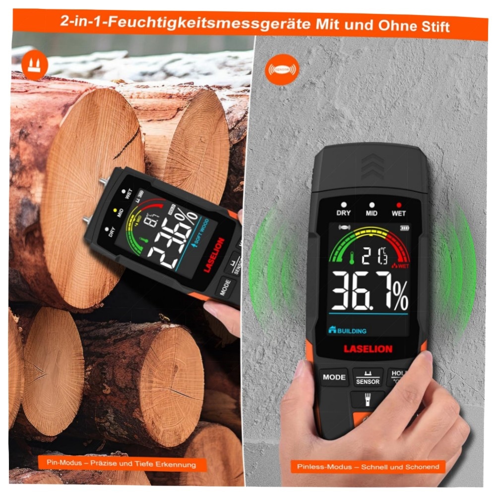 2‑in‑1 Feuchtigkeitsmessgerät MS03 – stiftlos & Nadel‑Modus, LCD, Hold, Taschenlampe, für Holz Beton Gips