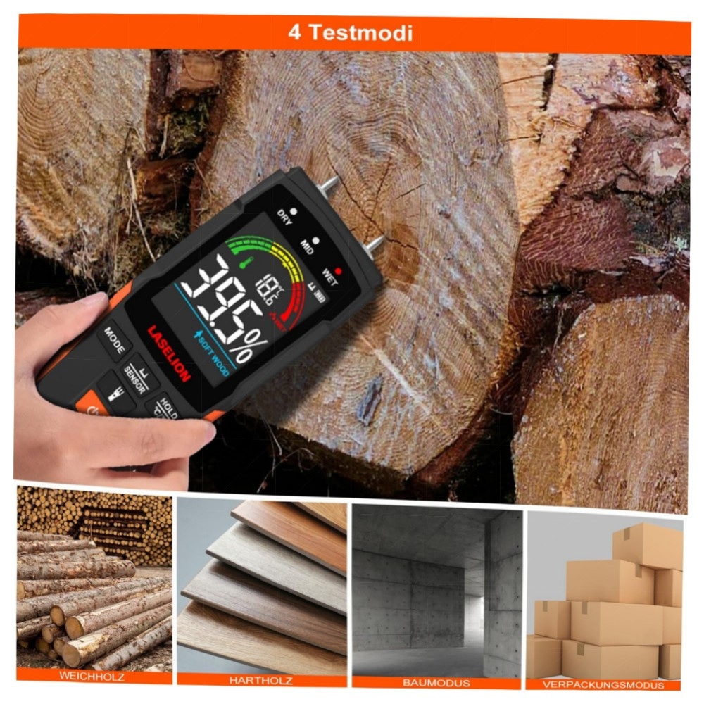 2‑in‑1 Feuchtigkeitsmessgerät MS03 – stiftlos & Nadel‑Modus, LCD, Hold, Taschenlampe, für Holz Beton Gips