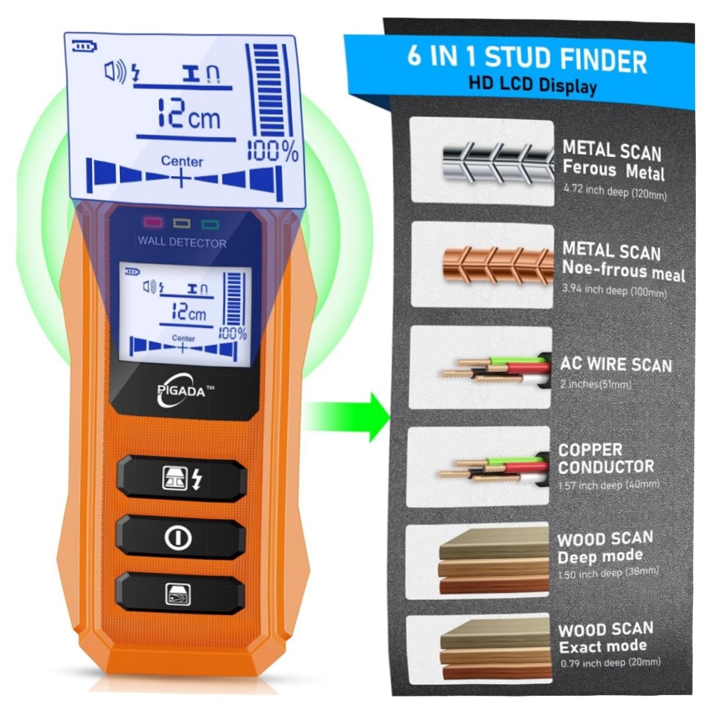 bcbc78e12389.jpg Leitungssucher & Feuchtigkeitstester PIGADA ZK01 – 2‑in‑1 Wanddetektor (6 Modi) für Holz, Metall & Strom, beleuchtetes LCD, automatische Kalibrierung