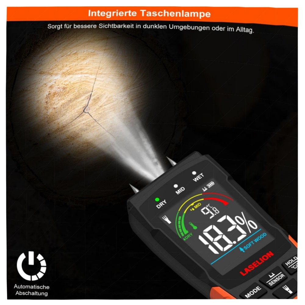 2‑in‑1 Feuchtigkeitsmessgerät MS03 – stiftlos & Nadel‑Modus, LCD, Hold, Taschenlampe, für Holz Beton Gips