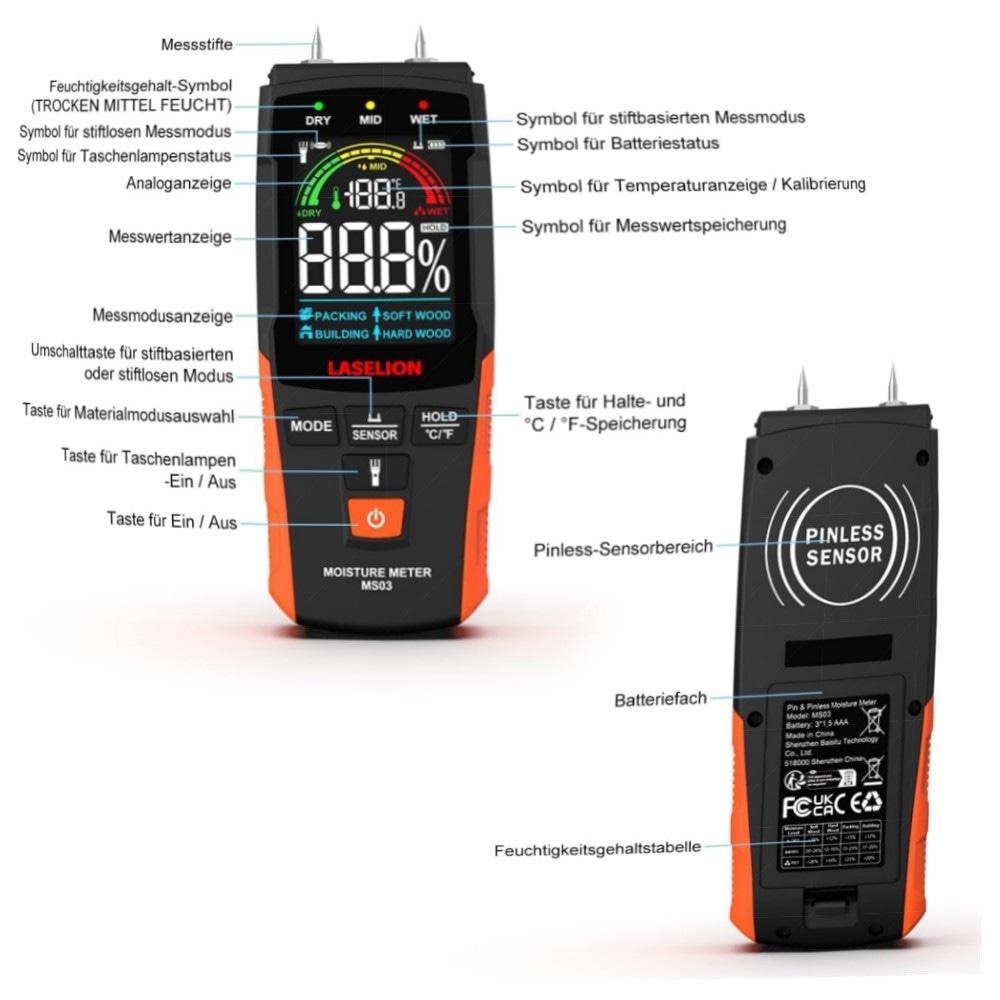 2‑in‑1 Feuchtigkeitsmessgerät MS03 – stiftlos & Nadel‑Modus, LCD, Hold, Taschenlampe, für Holz Beton Gips