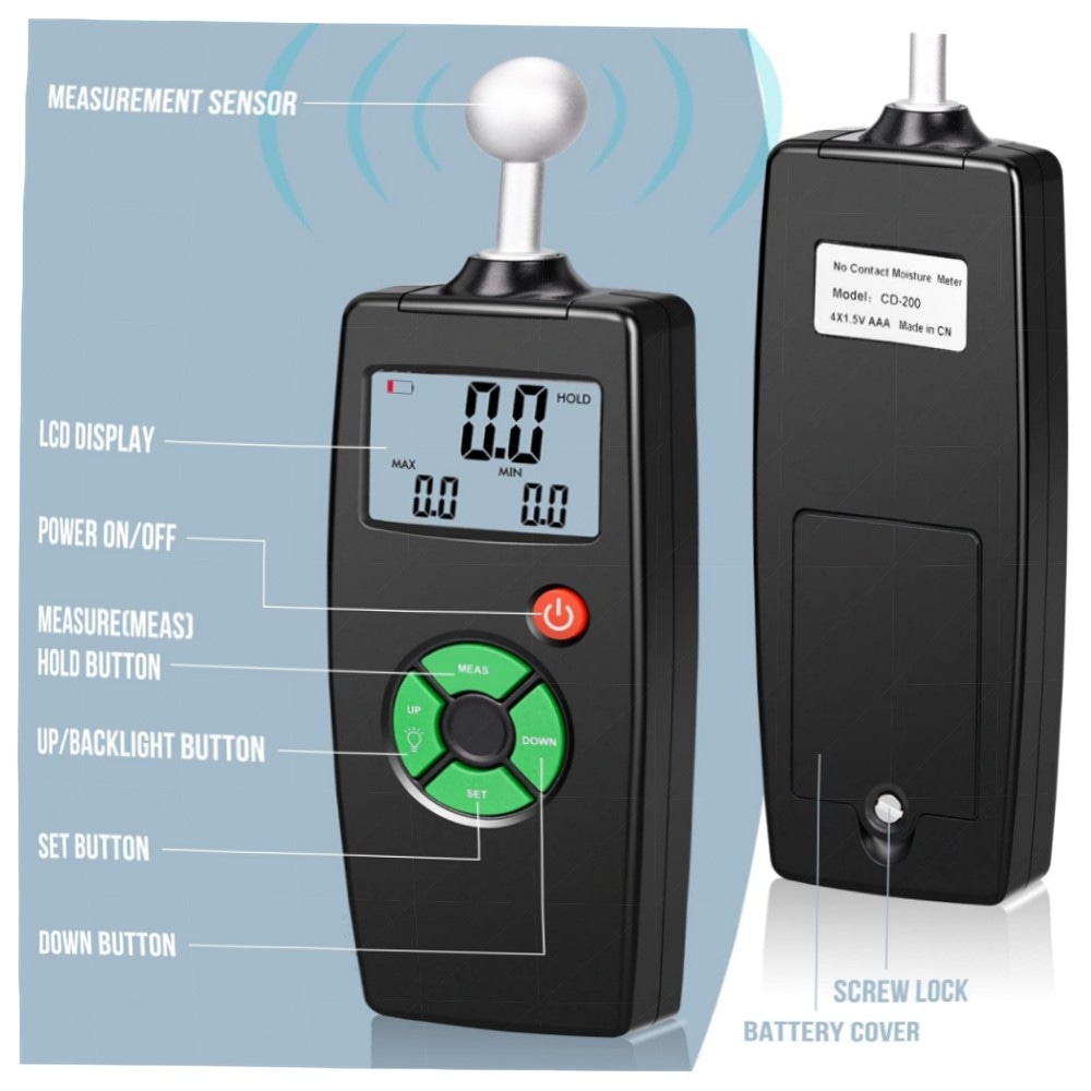 c616d8562194.jpg Feuchtigkeitsmessgerät Wand & Holz digital mit LCD, zerstörungsfreie Messung 20–40 mm, Alarmfunktion, inkl. Tasche und Batterien