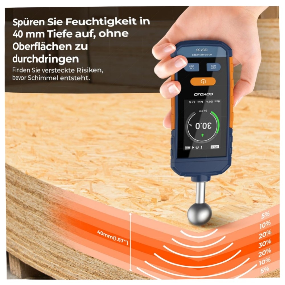 GOYOJO Feuchtigkeitsmessgerät Wand & Holz, Stiftlos 5–40mm Tiefen-Scan, Wiederaufladbar mit Alarm & LED-Taschenlampe