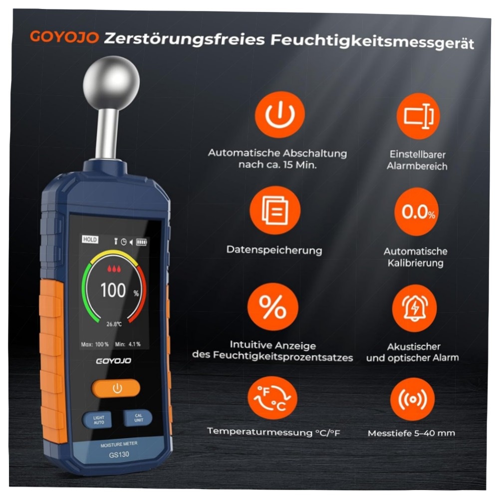GOYOJO Feuchtigkeitsmessgerät Wand & Holz, Stiftlos 5–40mm Tiefen-Scan, Wiederaufladbar mit Alarm & LED-Taschenlampe