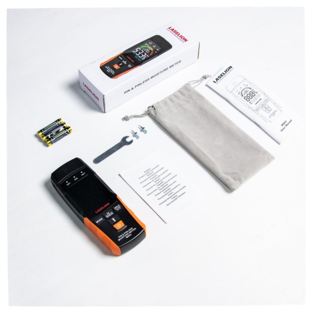 2‑in‑1 Feuchtigkeitsmessgerät MS03 – stiftlos & Nadel‑Modus, LCD, Hold, Taschenlampe, für Holz Beton Gips