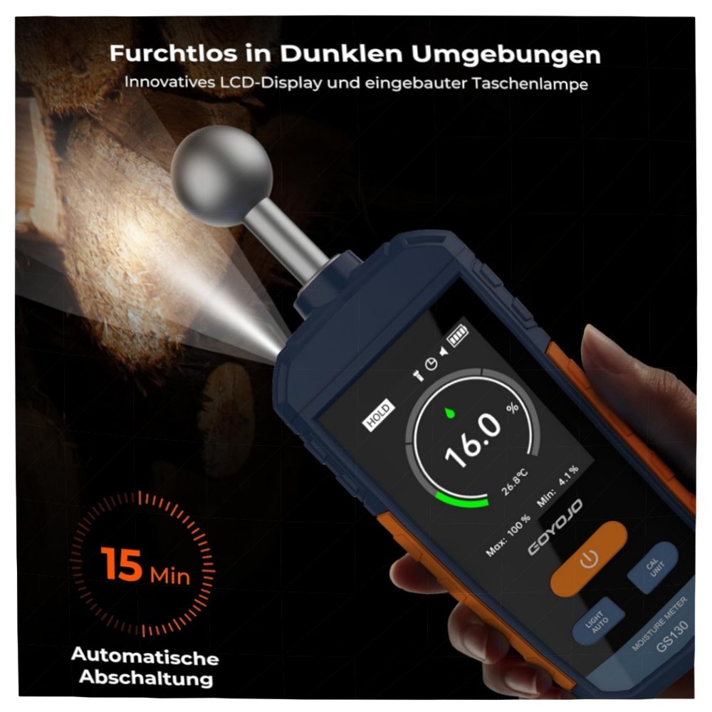 GOYOJO Feuchtigkeitsmessgerät Wand & Holz, Stiftlos 5–40mm Tiefen-Scan, Wiederaufladbar mit Alarm & LED-Taschenlampe