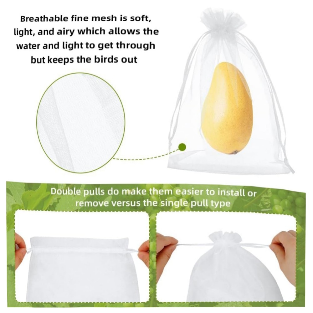 Obstnetzbeutel 10,2×15,2 cm – 100 grüne Organza-Fruchtbeutel mit Doppel-Kordelzug, wiederverwendbar & atmungsaktiv, robuster Schutz für Obstbäume