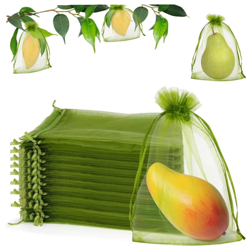 Obstnetzbeutel 10,2×15,2 cm – 100 grüne Organza-Fruchtbeutel mit Doppel-Kordelzug, wiederverwendbar & atmungsaktiv, robuster Schutz für Obstbäume