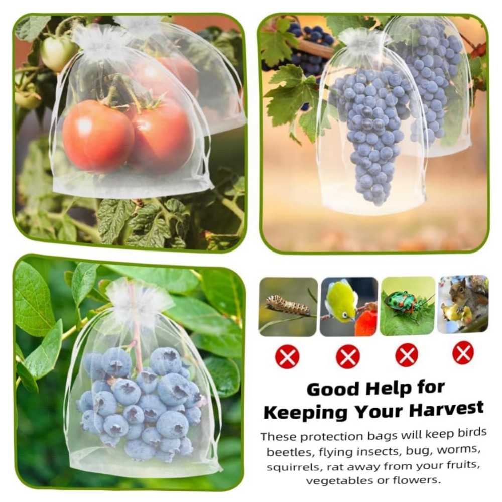Obstnetzbeutel 10,2×15,2 cm – 100 grüne Organza-Fruchtbeutel mit Doppel-Kordelzug, wiederverwendbar & atmungsaktiv, robuster Schutz für Obstbäume