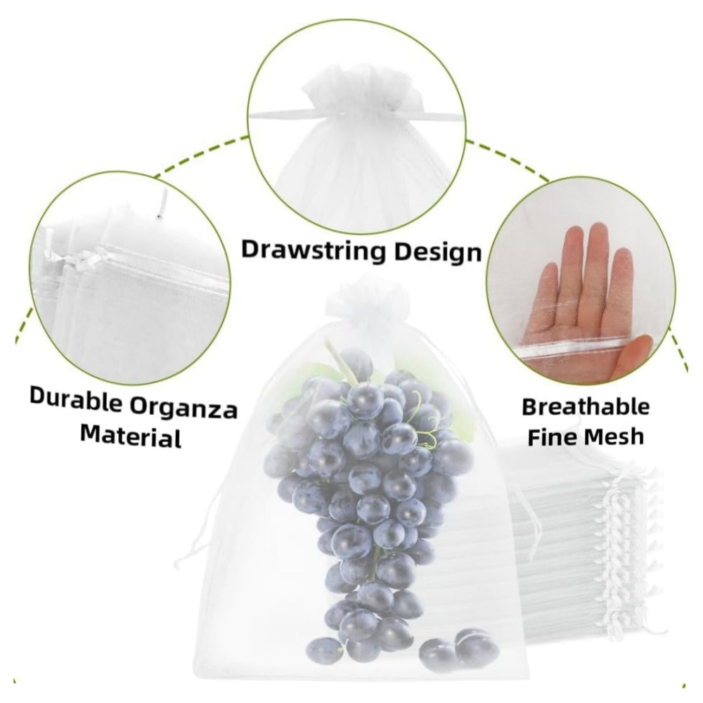 Obstnetzbeutel 10,2×15,2 cm – 100 grüne Organza-Fruchtbeutel mit Doppel-Kordelzug, wiederverwendbar & atmungsaktiv, robuster Schutz für Obstbäume