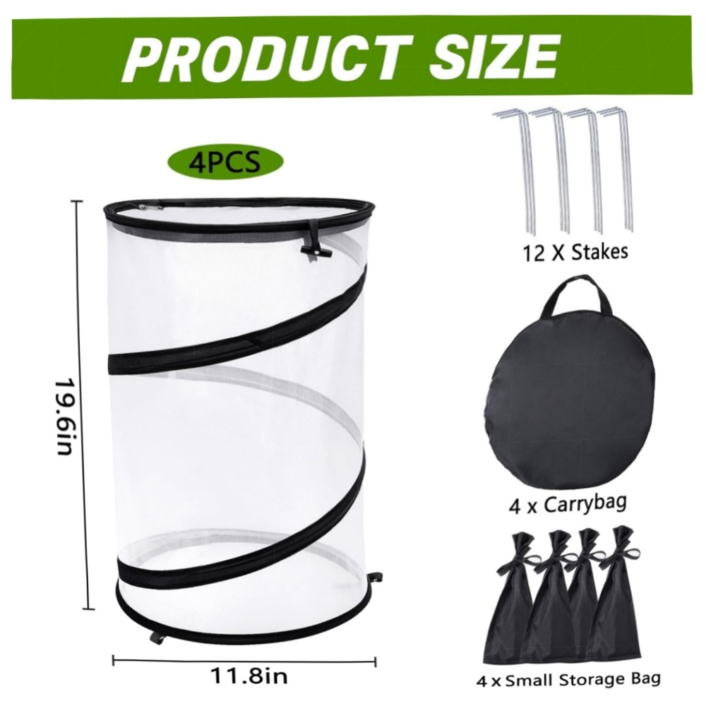 Pop-Up Insektenschutznetz rund 49,8×30 cm – 4er-Set, faltbarer Pflanzenschutz mit Reißverschluss, Erdspießen & Tragetaschen, hochwertiges Gartennetz