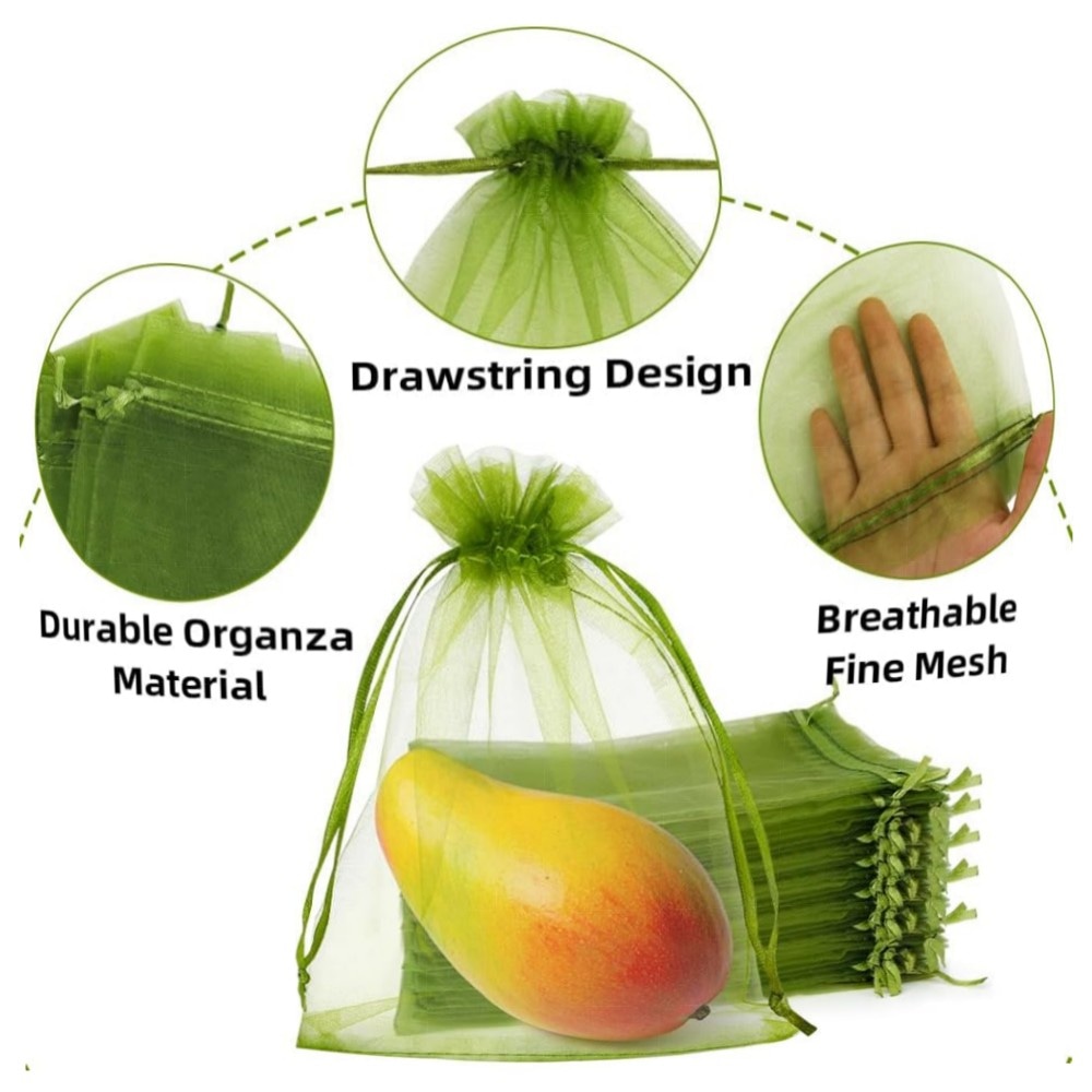 Obstnetzbeutel 10,2×15,2 cm – 100 grüne Organza-Fruchtbeutel mit Doppel-Kordelzug, wiederverwendbar & atmungsaktiv, robuster Schutz für Obstbäume