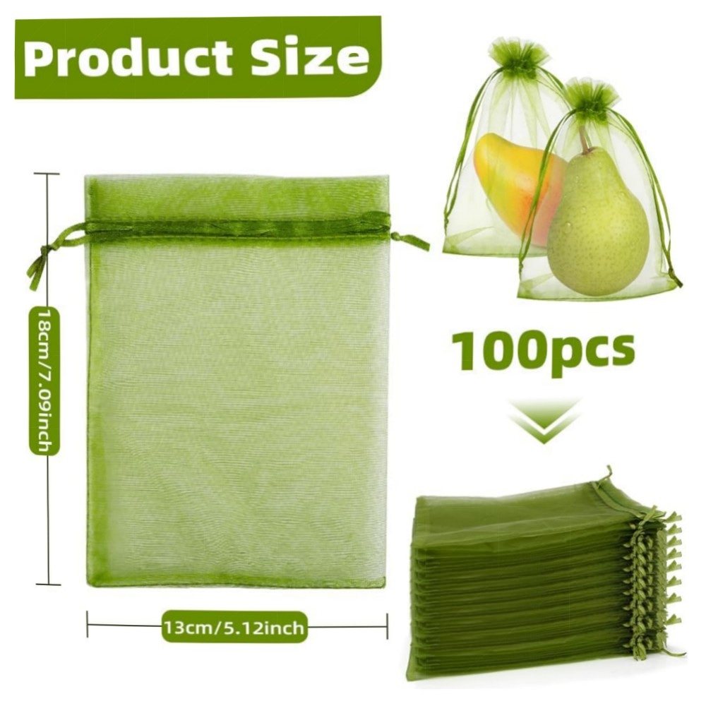 Obstnetzbeutel 10,2×15,2 cm – 100 grüne Organza-Fruchtbeutel mit Doppel-Kordelzug, wiederverwendbar & atmungsaktiv, robuster Schutz für Obstbäume
