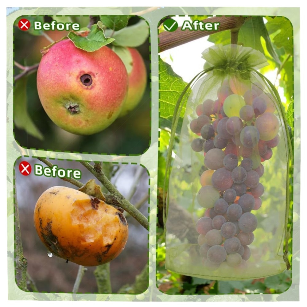 Obstnetzbeutel 10,2×15,2 cm – 100 grüne Organza-Fruchtbeutel mit Doppel-Kordelzug, wiederverwendbar & atmungsaktiv, robuster Schutz für Obstbäume