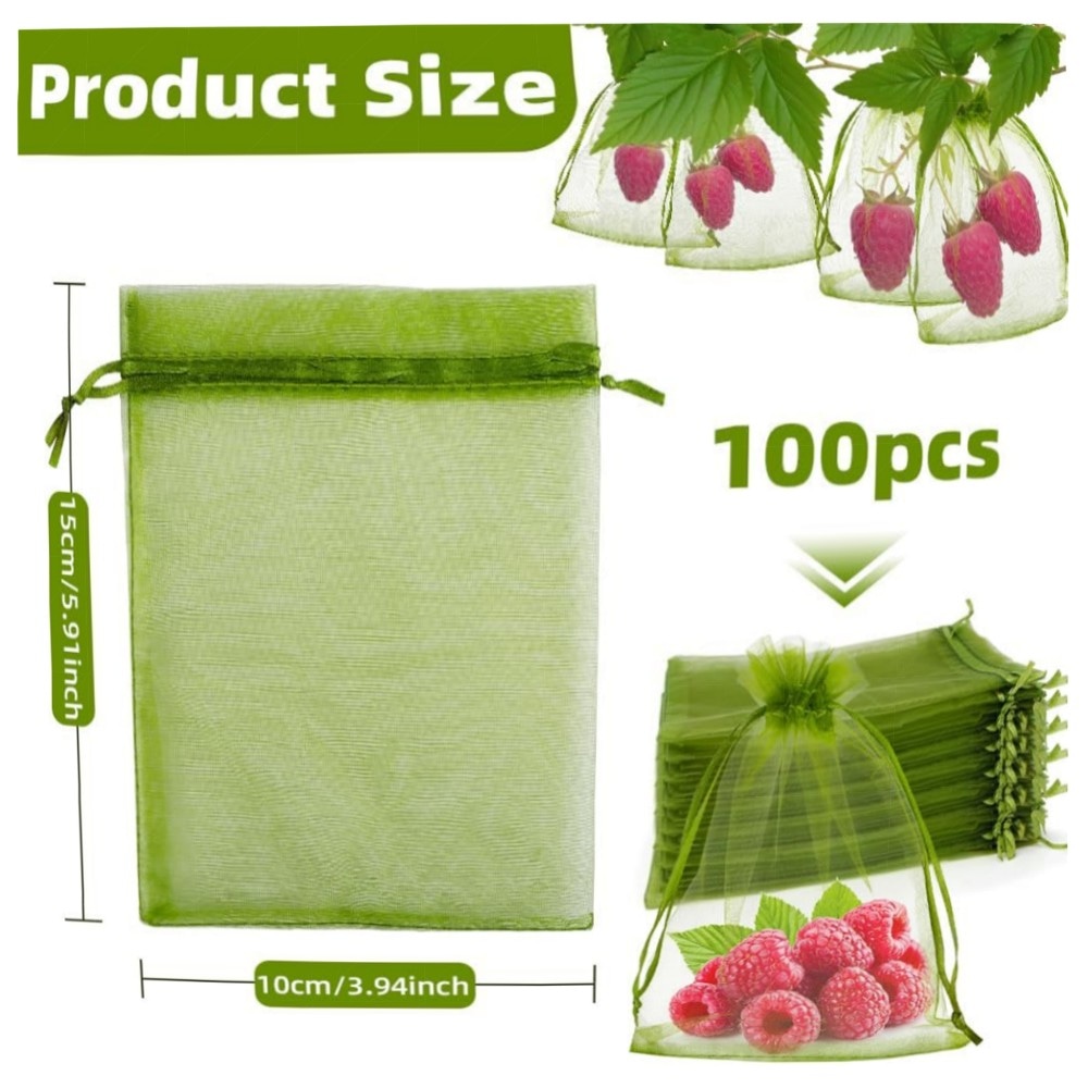 Obstnetzbeutel 10,2×15,2 cm – 100 grüne Organza-Fruchtbeutel mit Doppel-Kordelzug, wiederverwendbar & atmungsaktiv, robuster Schutz für Obstbäume