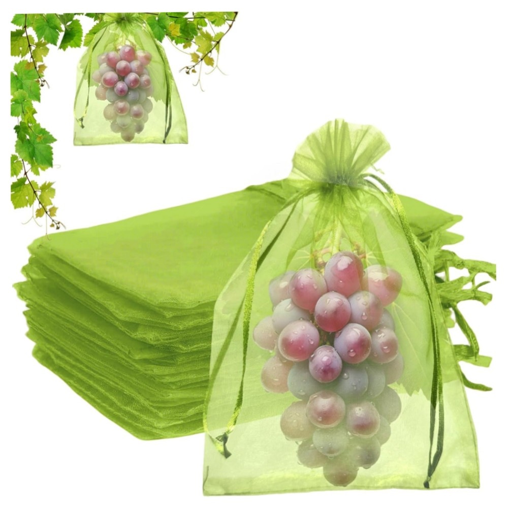 Obstschutzbeutel 20,3 x 30,5 cm Grün mit Kordelzug – feinmaschig, wiederverwendbar, 100 Stk. für Obst, Gemüse & Garten