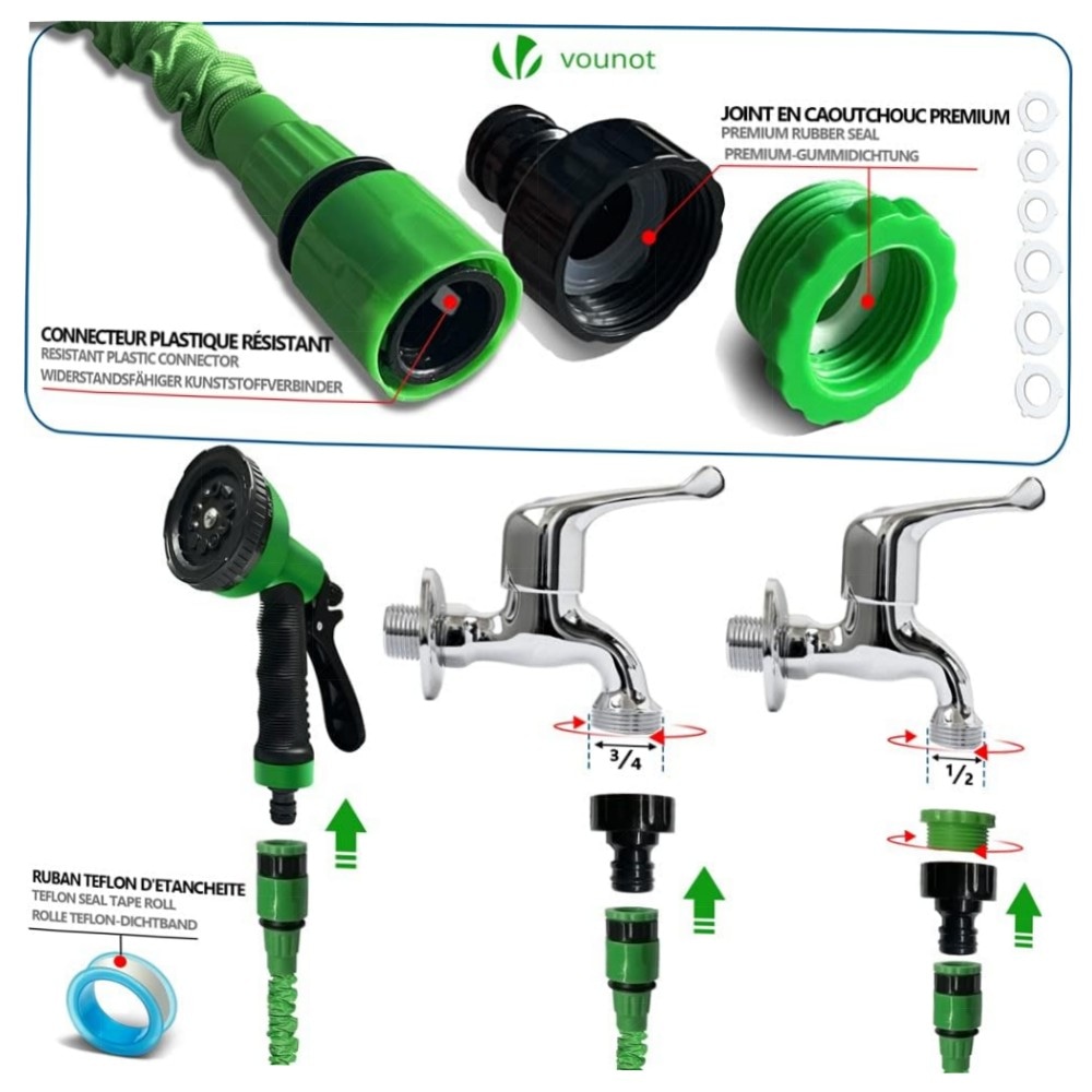 Flexibler Gartenschlauch 15 m – VOUNOT Dehnbar, 10‑Funktionen Sprühkopf, 1/2\
