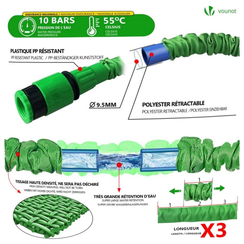 Flexibler Gartenschlauch 15 m – VOUNOT Dehnbar, 10‑Funktionen Sprühkopf, 1/2\