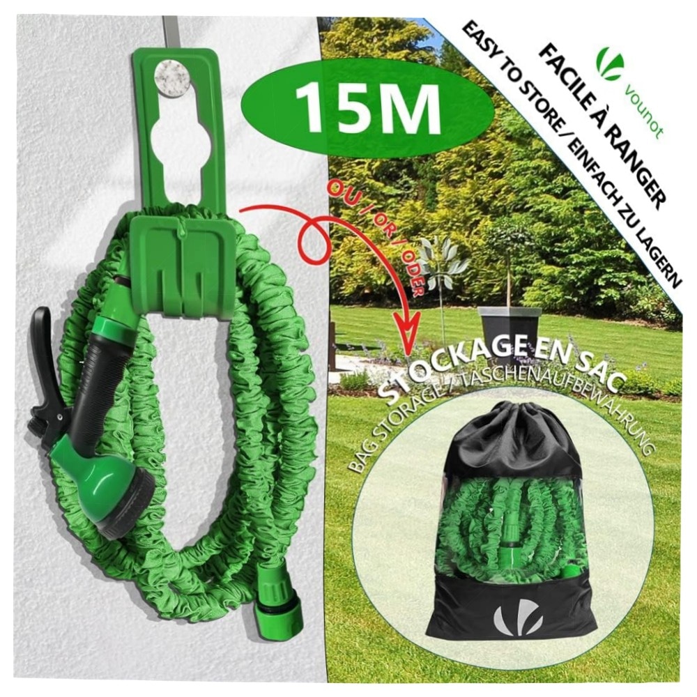 Flexibler Gartenschlauch 15 m – VOUNOT Dehnbar, 10‑Funktionen Sprühkopf, 1/2\