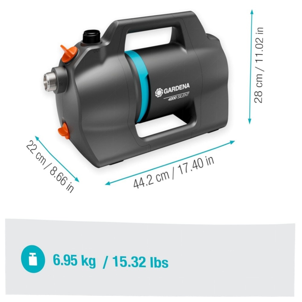 Gardena Gartenpumpe 4200 Silent Set – leise Bewässerungspumpe 4200 l/h, 600 W, inkl. 20 m Schlauch & Sauggarnitur, wetterfest & energiesparend