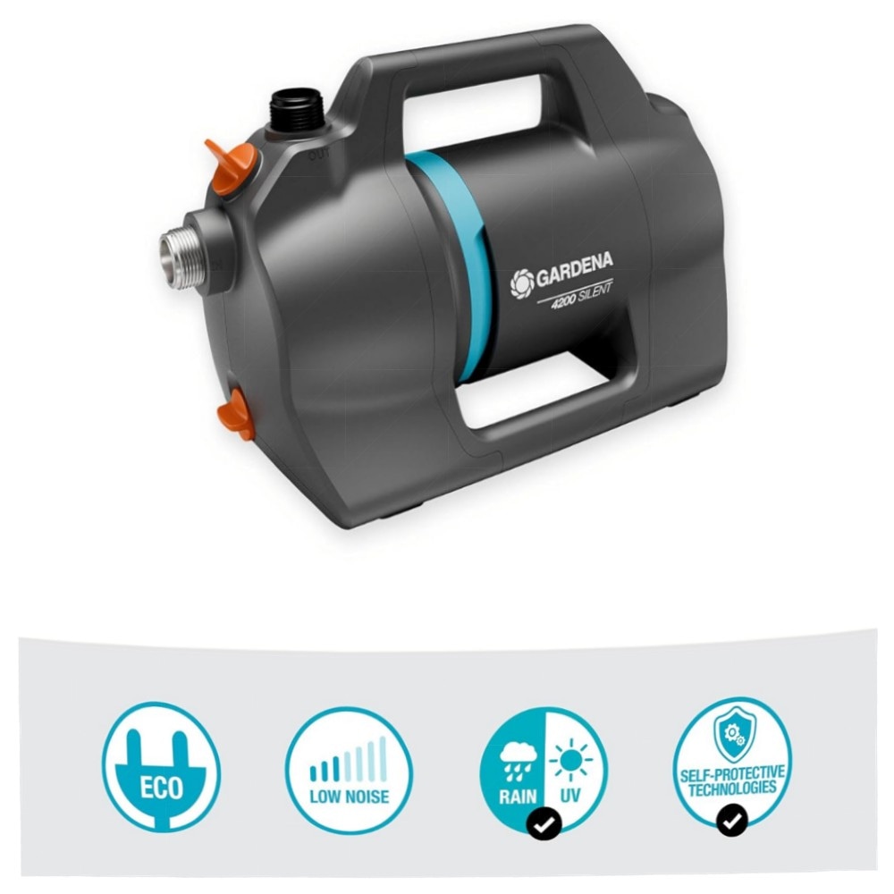 Gardena Gartenpumpe 4200 Silent Set – leise Bewässerungspumpe 4200 l/h, 600 W, inkl. 20 m Schlauch & Sauggarnitur, wetterfest & energiesparend