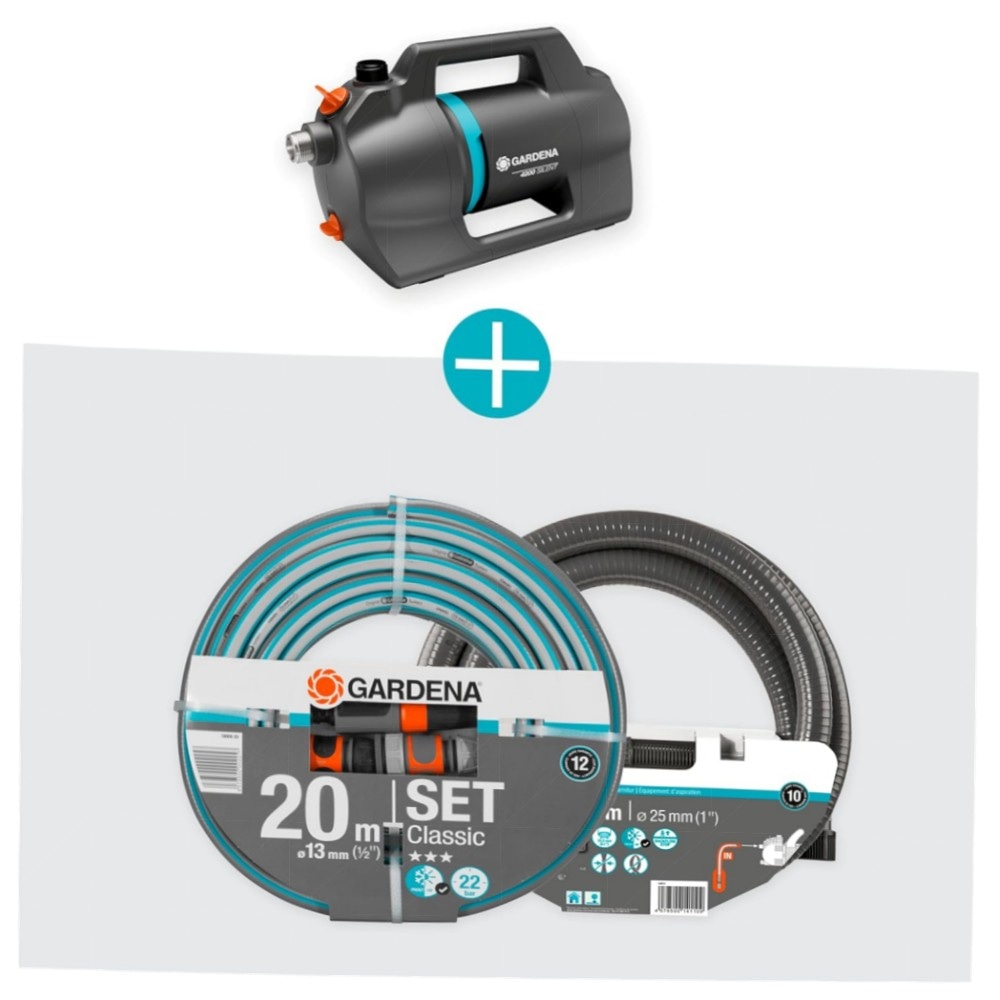 Gardena Gartenpumpe 4200 Silent Set – leise Bewässerungspumpe 4200 l/h, 600 W, inkl. 20 m Schlauch & Sauggarnitur, wetterfest & energiesparend