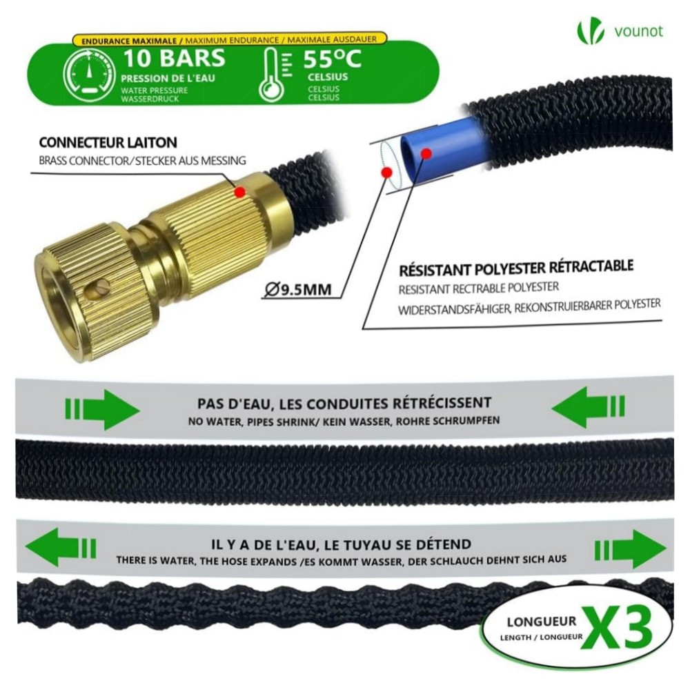 Flexibler Gartenschlauch 15 m – VOUNOT Dehnbar, 10‑Funktionen Sprühkopf, 1/2\