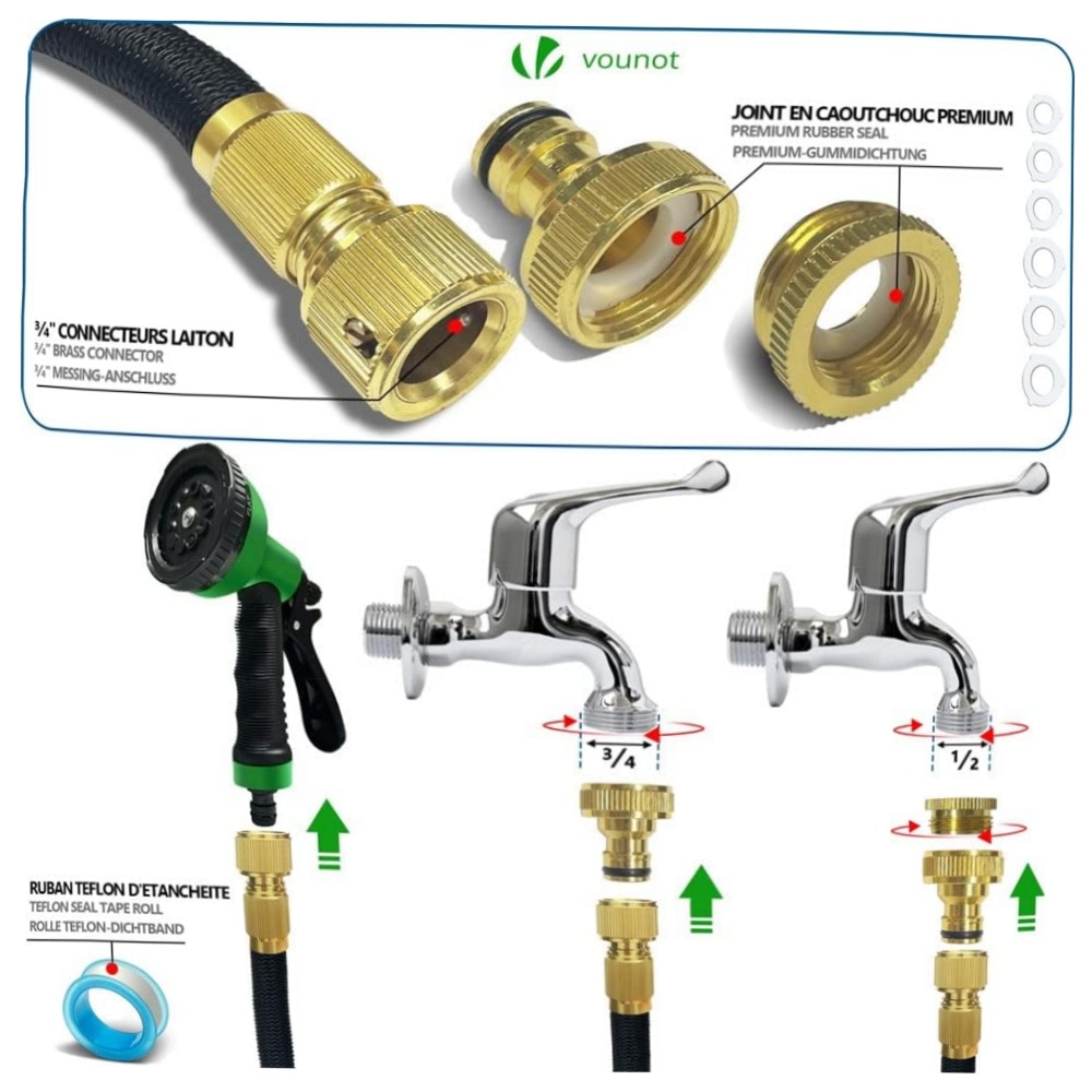 Flexibler Gartenschlauch 15 m – VOUNOT Dehnbar, 10‑Funktionen Sprühkopf, 1/2\