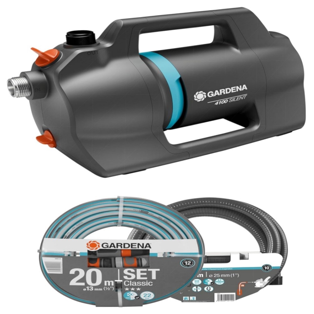 Gardena Gartenpumpe 4200 Silent Set – leise Bewässerungspumpe 4200 l/h, 600 W, inkl. 20 m Schlauch & Sauggarnitur, wetterfest & energiesparend