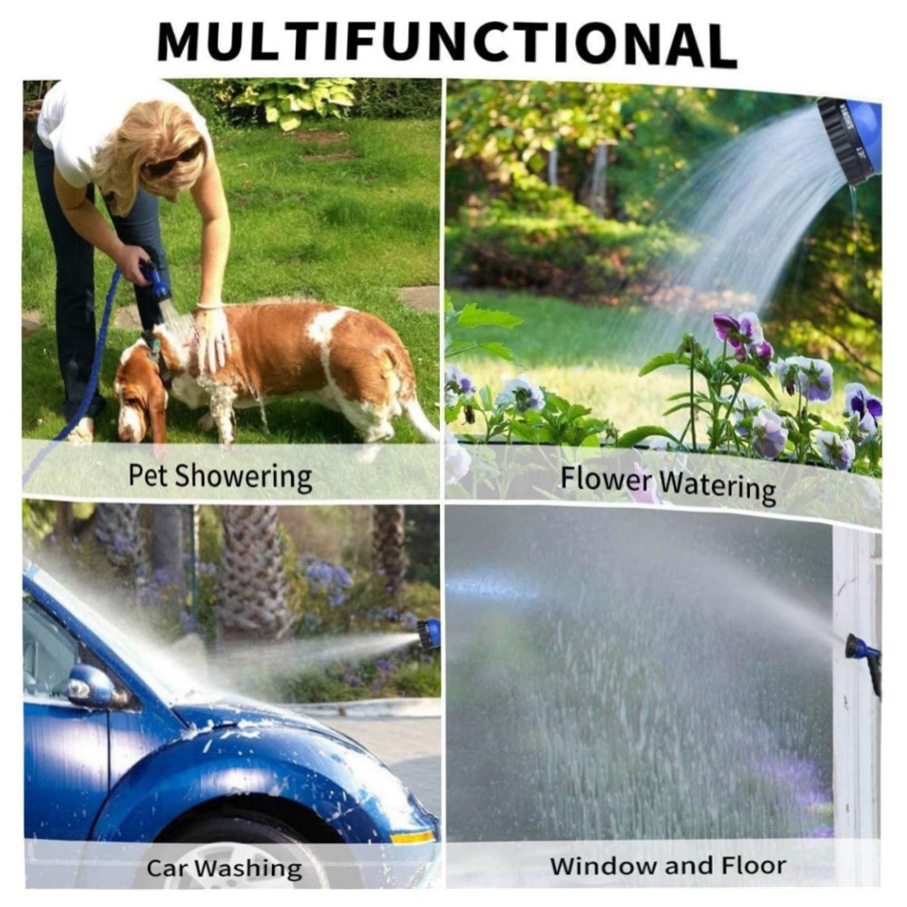 Dehnbarer Gartenschlauch 30 m – robuster, auslaufsicherer Flex-Schlauch mit 8‑Modi Sprühdüse, inkl. Adapter & Schnellanschluss (3er Set, Blau)