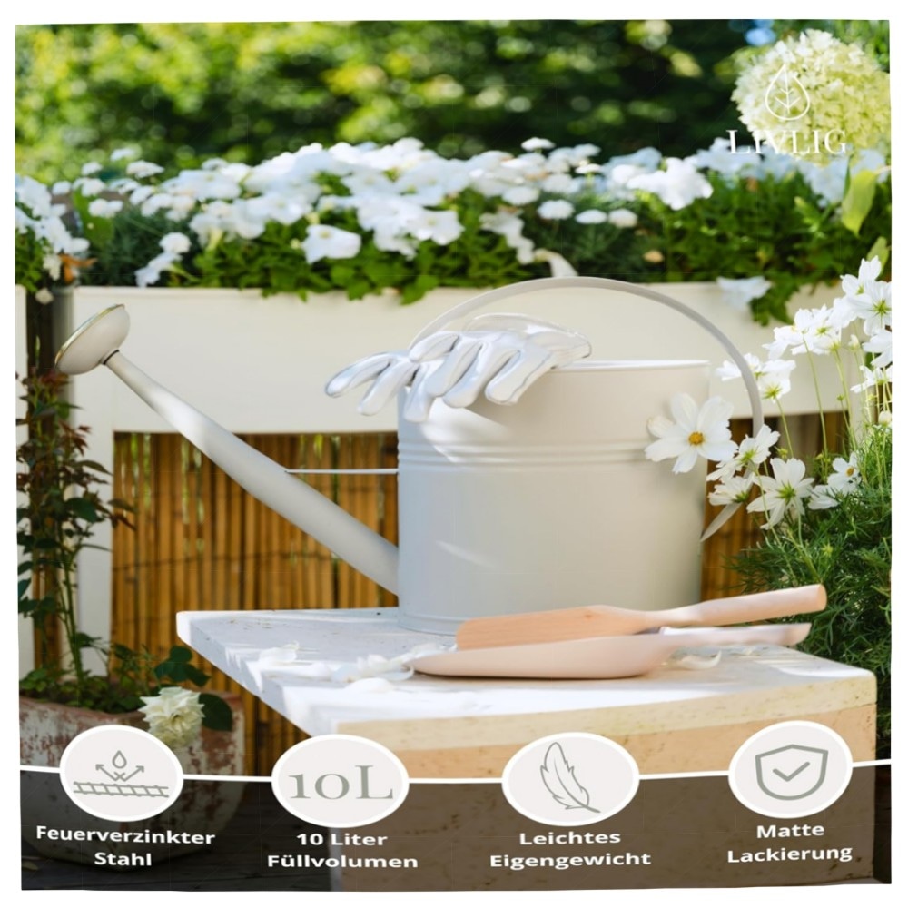 LIVLIG Gießkanne 10L Metall Vintage – handgefertigt, feuerverzinkt & pulverbeschichtet, abnehmbarer Brausenkopf