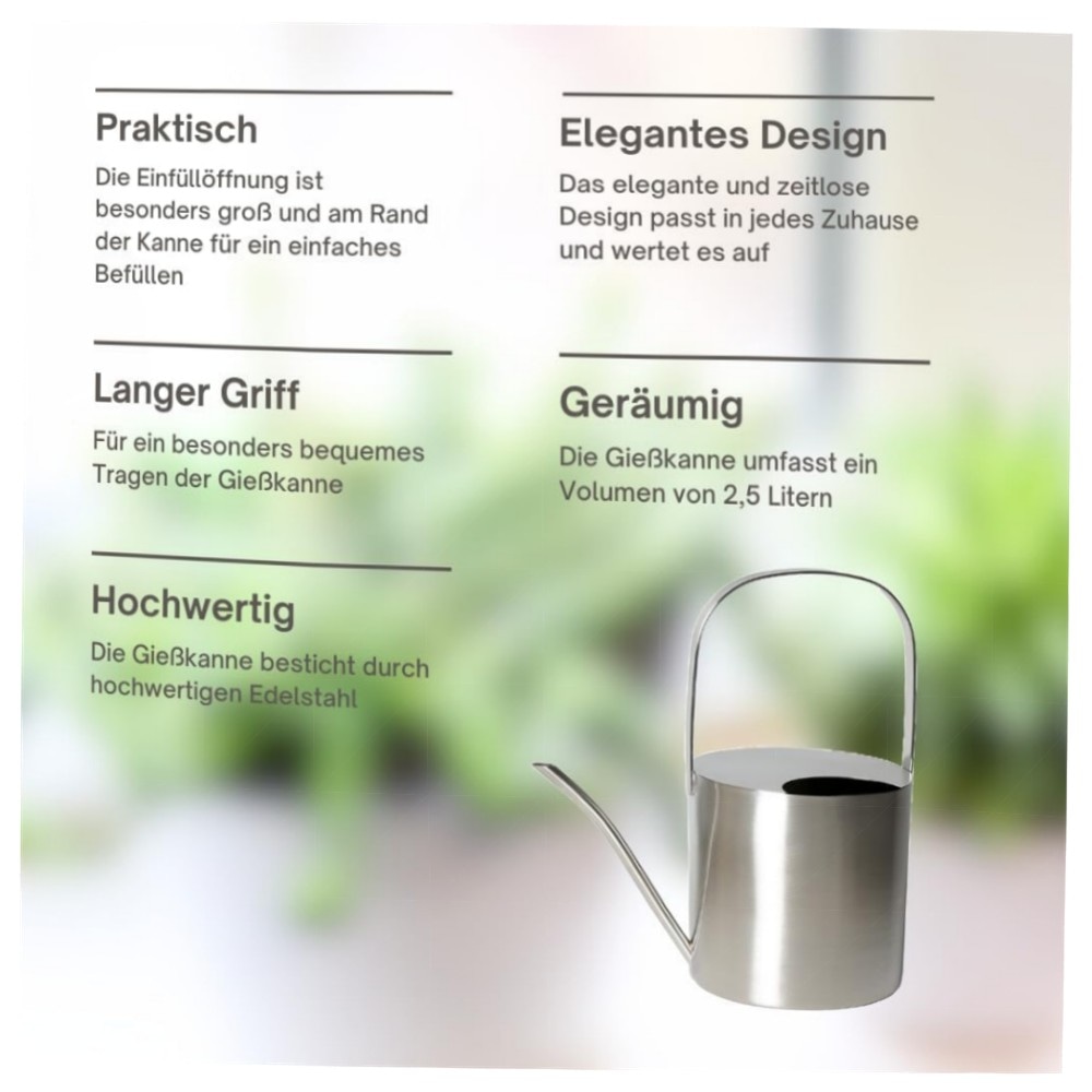 46b573e17483.jpg Edelstahl Gießkanne 2,5 L – rostfrei, gebürstet & ergonomisch für Balkon, Terrasse und Zimmerpflanzen