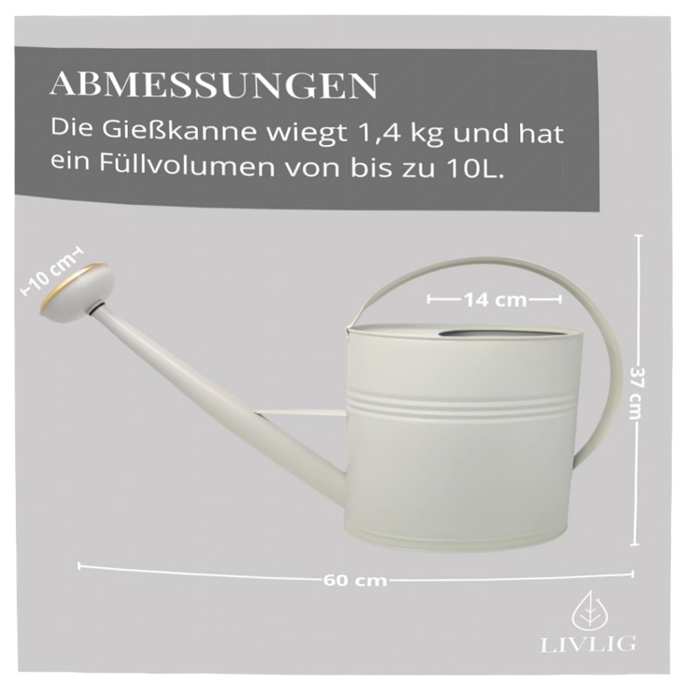 LIVLIG Gießkanne 10L Metall Vintage – handgefertigt, feuerverzinkt & pulverbeschichtet, abnehmbarer Brausenkopf