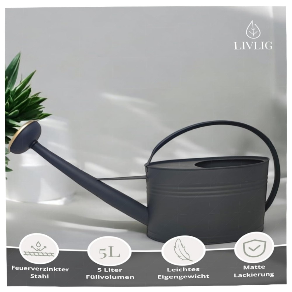 LIVLIG Gießkanne 10L Metall Vintage – handgefertigt, feuerverzinkt & pulverbeschichtet, abnehmbarer Brausenkopf