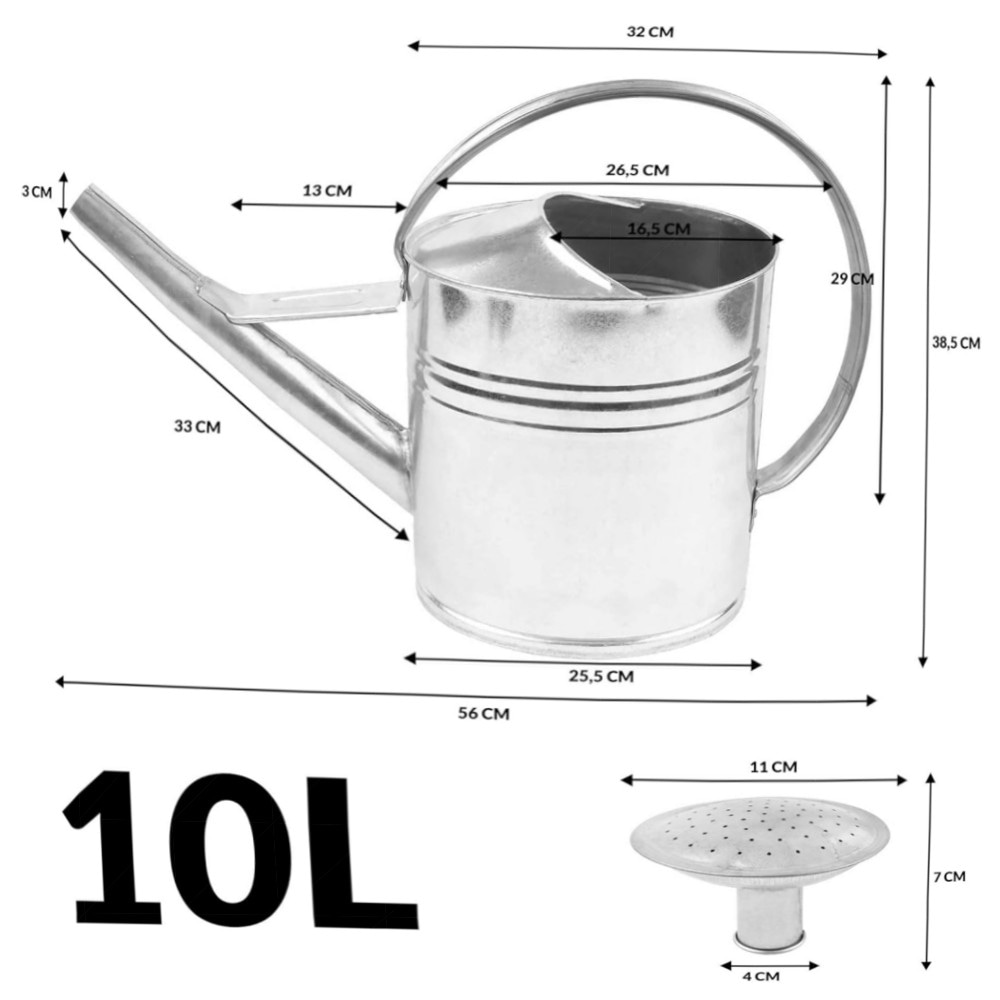 BAUSTER® verzinkte Gießkanne 12 L – robustes Metall, oval mit Gießbrause für Garten & Balkon, langlebig & praktisch