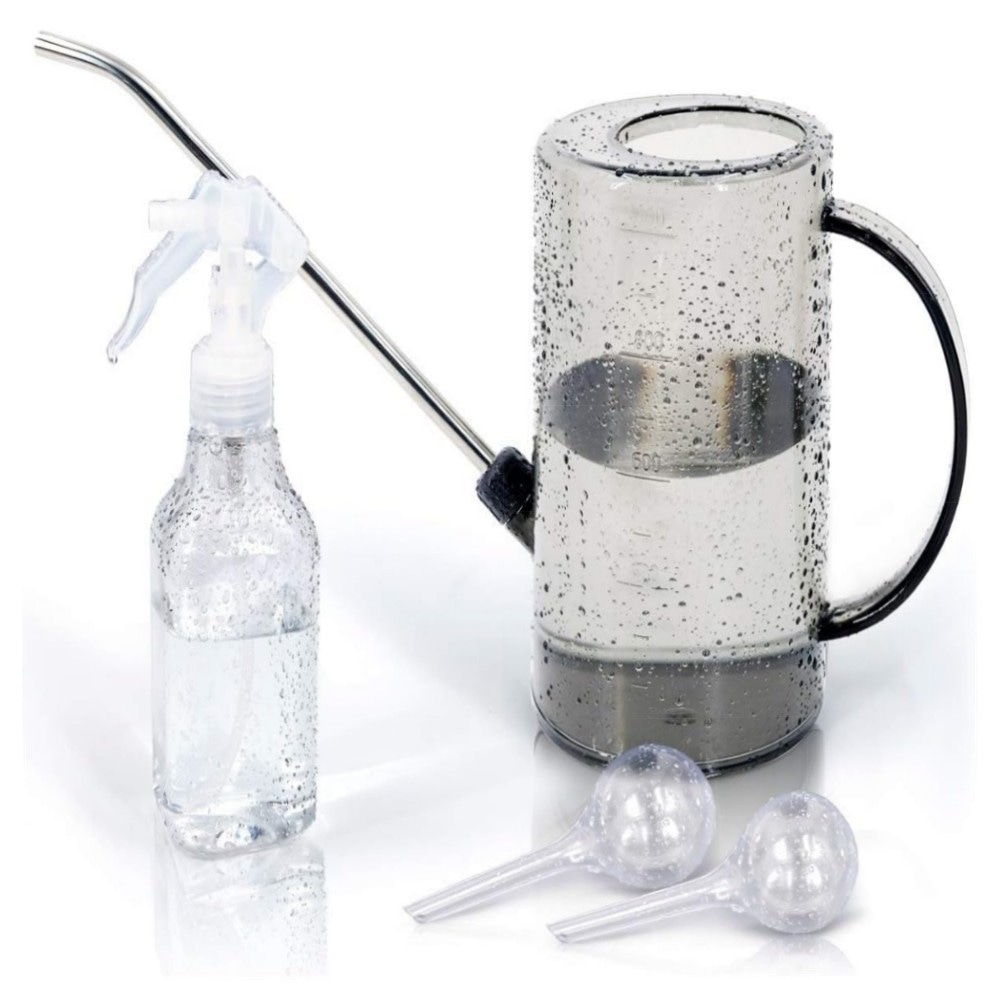 Jardineer 1L Gießkanne für Zimmerpflanzen – langer Edelstahl-Auslauf, Sprühflasche & Selbstbewässerungskugeln, bruchfestes PP (Grau)