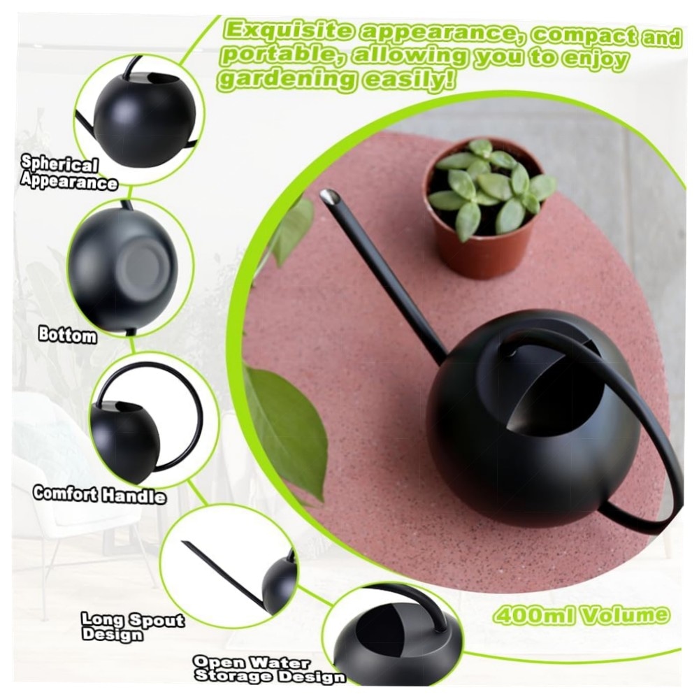 400 ml Edelstahl-Gießkanne für Zimmerpflanzen – kompakt, langes Auslaufdesign, ergonomischer Griff, matt schwarz, rostfrei