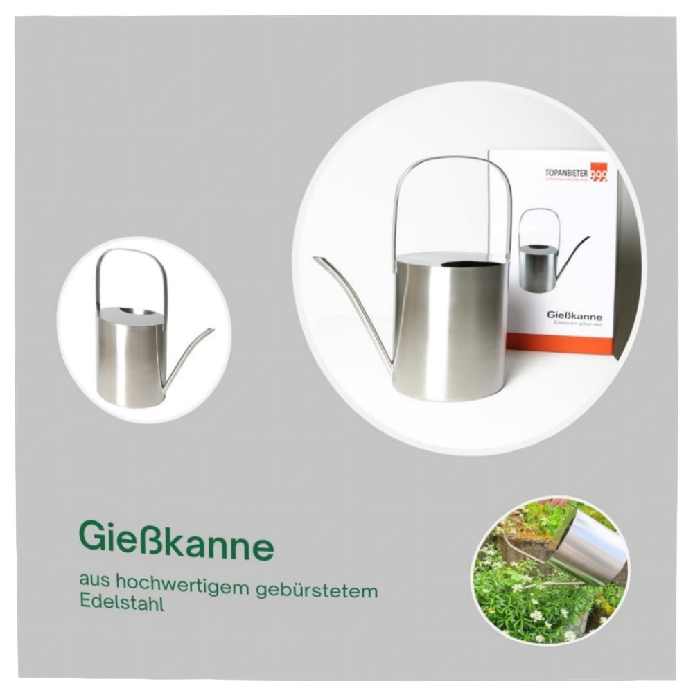 9272f5e59544.jpg Edelstahl Gießkanne 2,5 L – rostfrei, gebürstet & ergonomisch für Balkon, Terrasse und Zimmerpflanzen