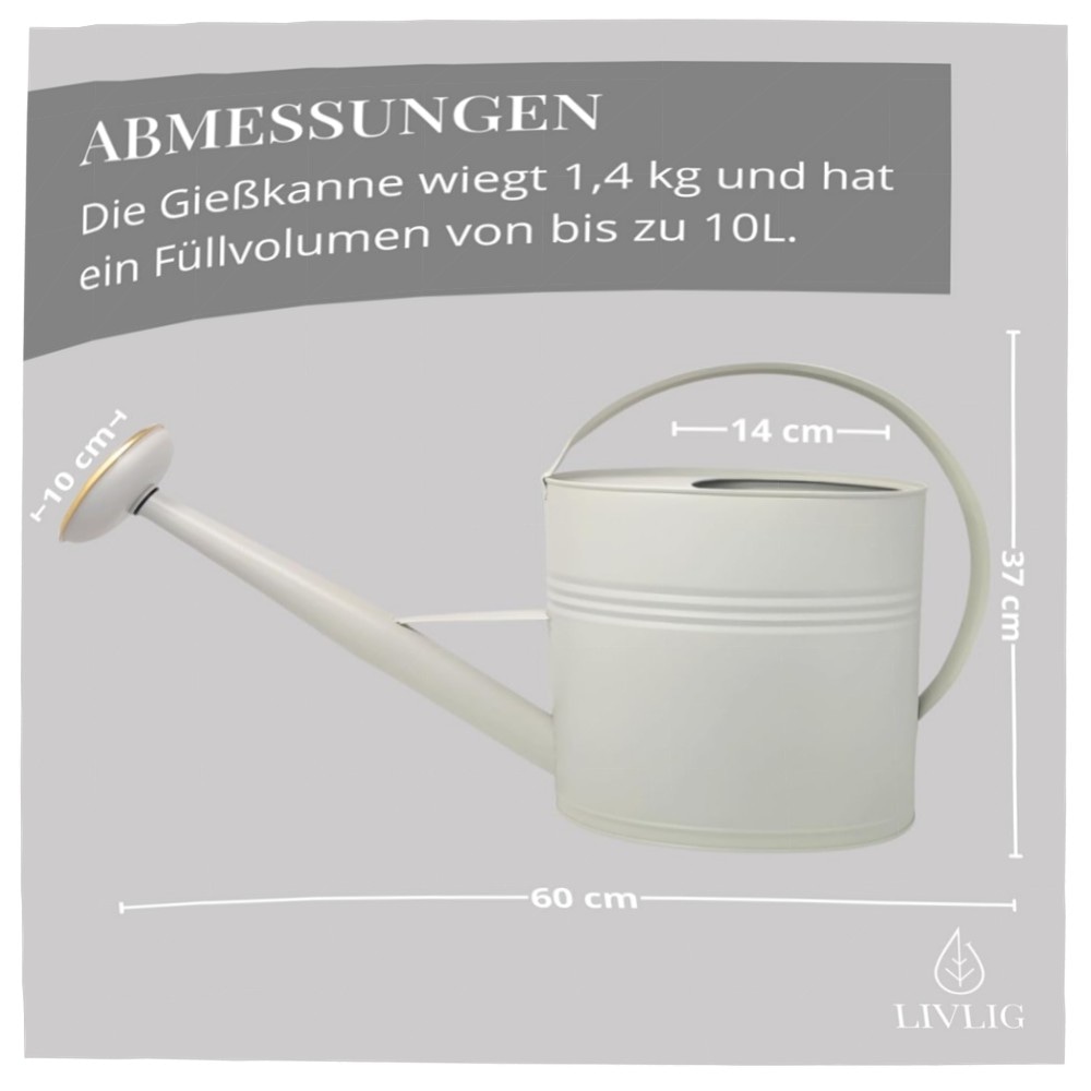 LIVLIG Gießkanne 10L Metall Vintage – handgefertigt, feuerverzinkt & pulverbeschichtet, abnehmbarer Brausenkopf