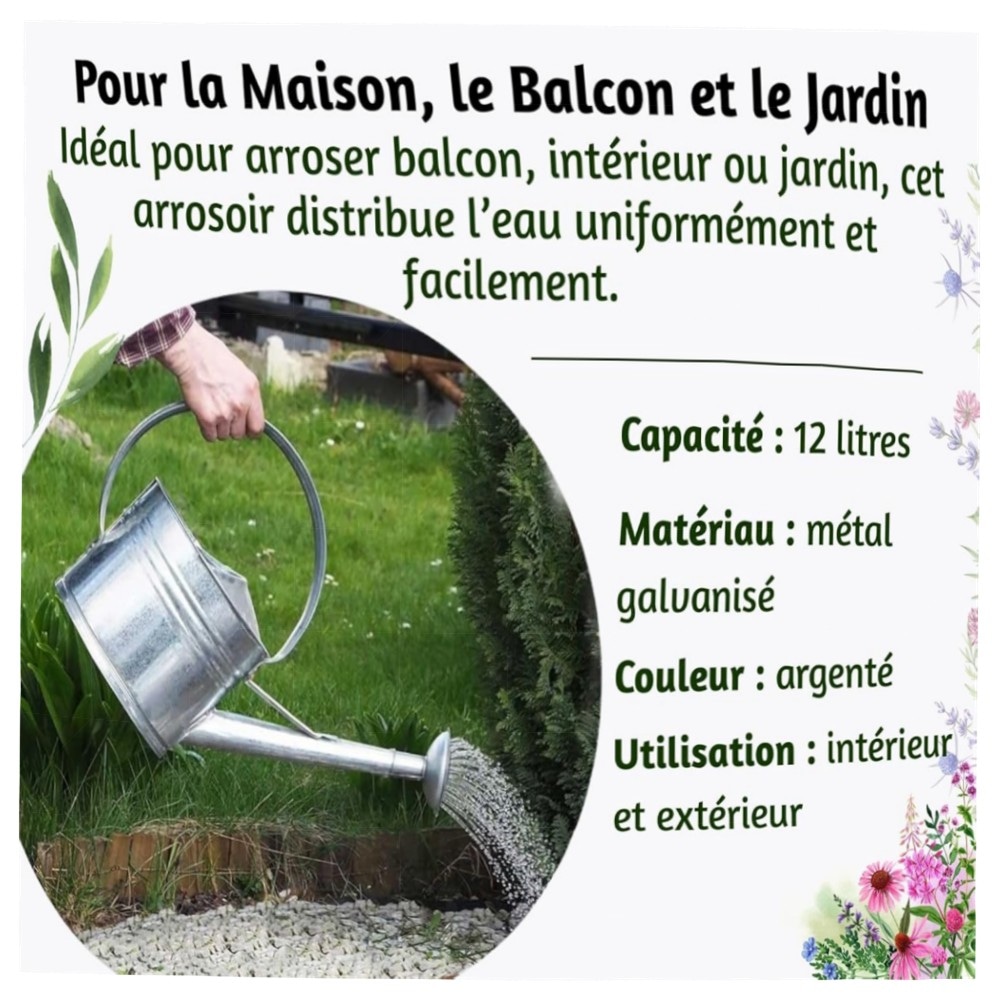 BAUSTER® verzinkte Gießkanne 12 L – robustes Metall, oval mit Gießbrause für Garten & Balkon, langlebig & praktisch