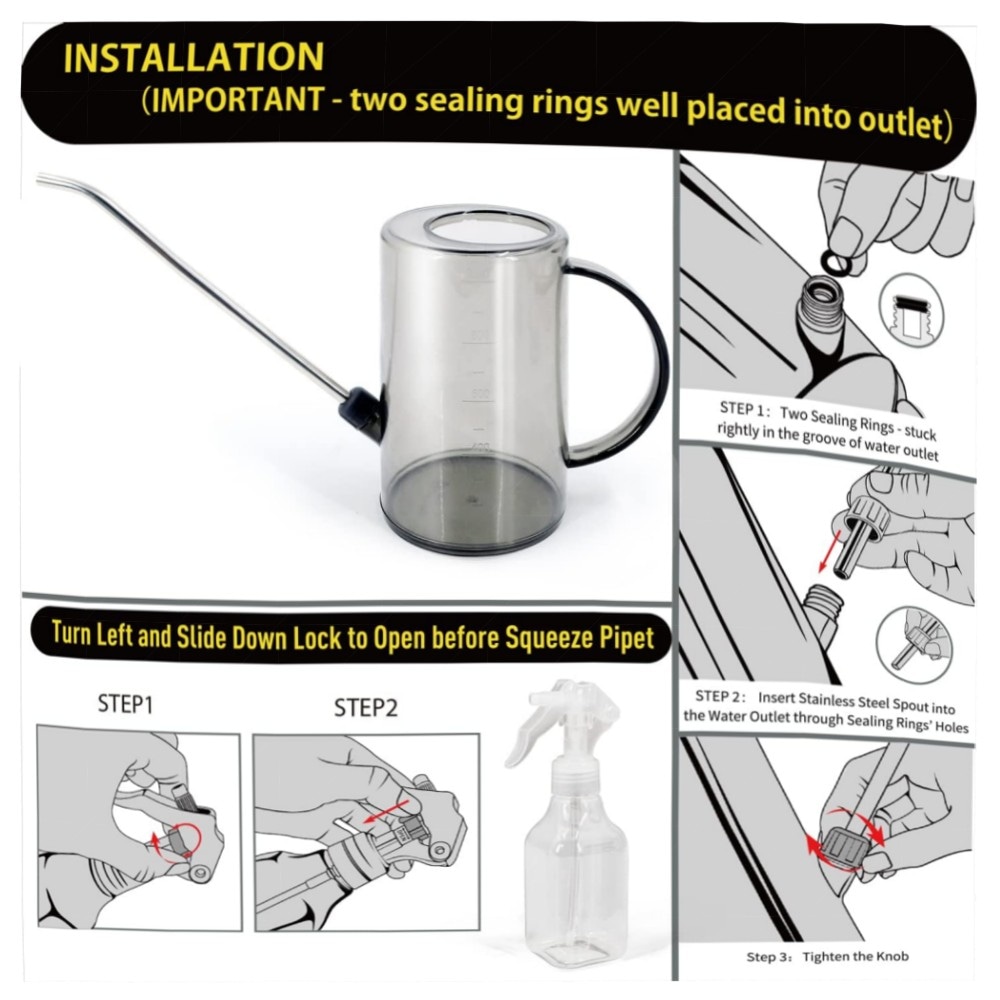 Jardineer 1L Gießkanne für Zimmerpflanzen – langer Edelstahl-Auslauf, Sprühflasche & Selbstbewässerungskugeln, bruchfestes PP (Grau)