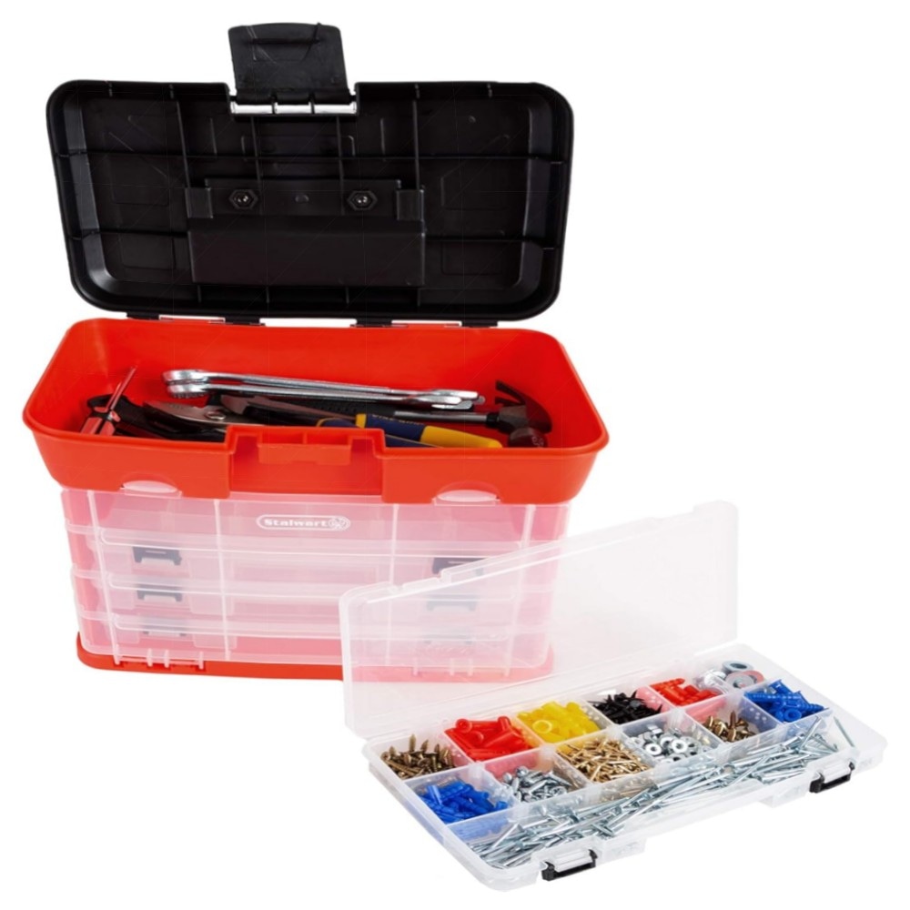 Tragbarer Mehrzweck-Organizer mit 4 herausnehmbaren Fächern, PP, rot – Werkzeug-, Angel- & Bastelbox mit großem Hauptfach (27,9×17,8×30,5 cm)