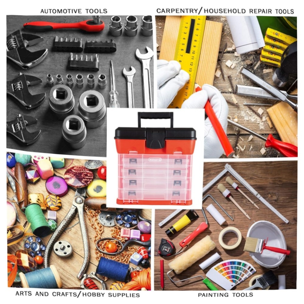 Tragbarer Mehrzweck-Organizer mit 4 herausnehmbaren Fächern, PP, rot – Werkzeug-, Angel- & Bastelbox mit großem Hauptfach (27,9×17,8×30,5 cm)