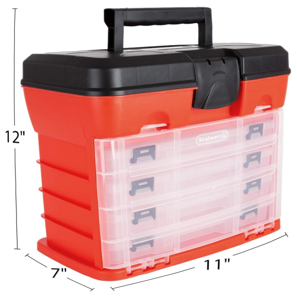Tragbarer Mehrzweck-Organizer mit 4 herausnehmbaren Fächern, PP, rot – Werkzeug-, Angel- & Bastelbox mit großem Hauptfach (27,9×17,8×30,5 cm)