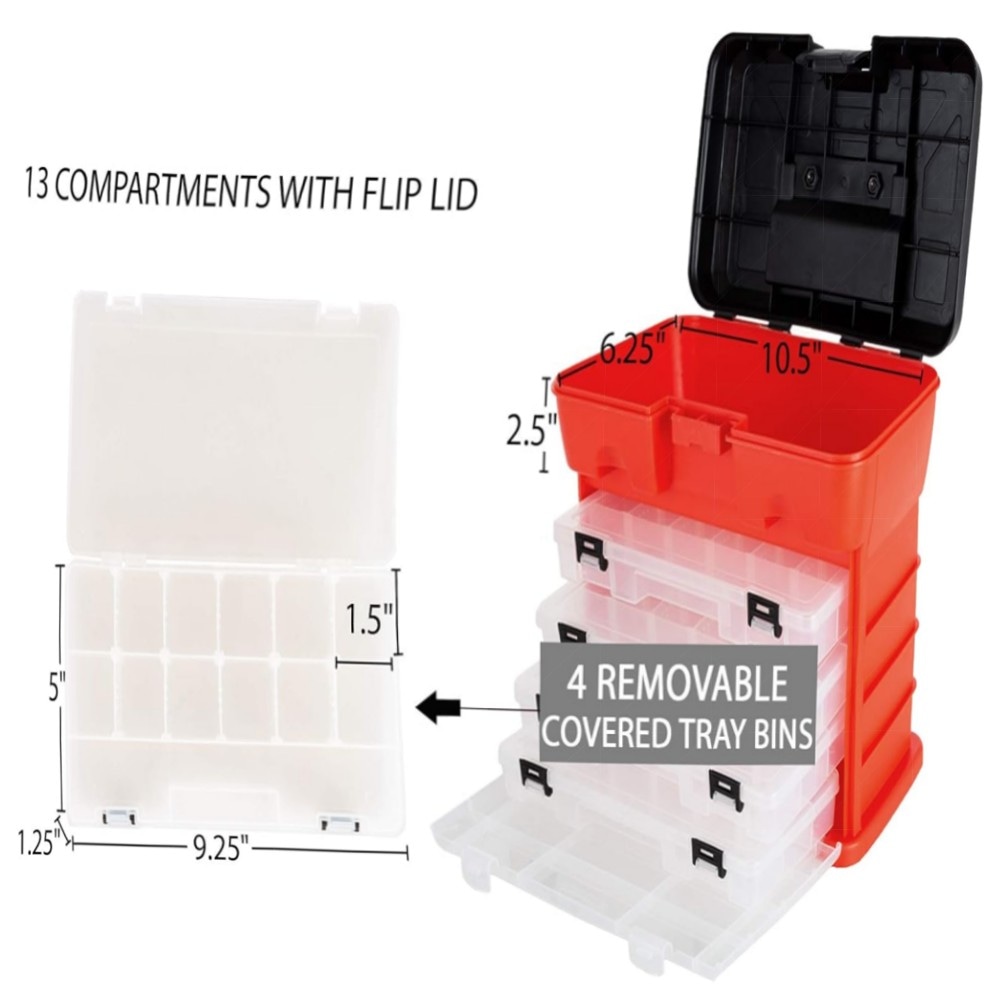 Tragbarer Mehrzweck-Organizer mit 4 herausnehmbaren Fächern, PP, rot – Werkzeug-, Angel- & Bastelbox mit großem Hauptfach (27,9×17,8×30,5 cm)