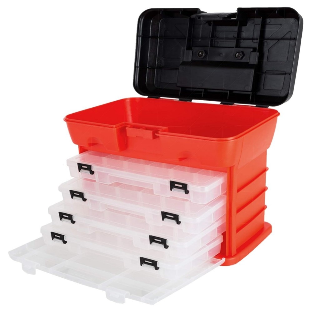 Tragbarer Mehrzweck-Organizer mit 4 herausnehmbaren Fächern, PP, rot – Werkzeug-, Angel- & Bastelbox mit großem Hauptfach (27,9×17,8×30,5 cm)