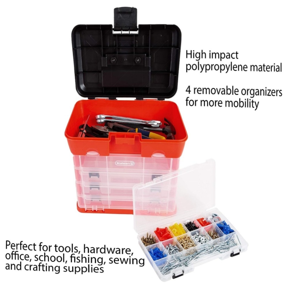Tragbarer Mehrzweck-Organizer mit 4 herausnehmbaren Fächern, PP, rot – Werkzeug-, Angel- & Bastelbox mit großem Hauptfach (27,9×17,8×30,5 cm)