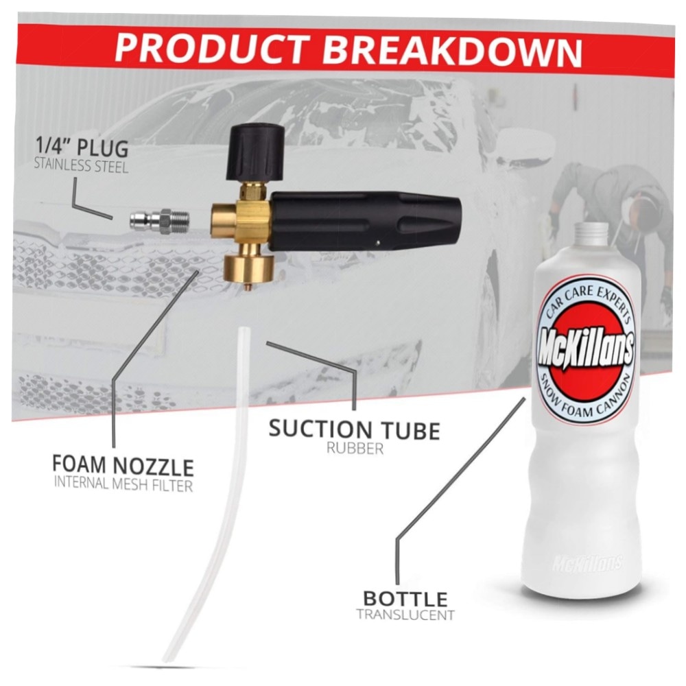Schneeschaumkanone Hochdruckreiniger 1 L mit verstellbarer Lanze & 6,35 mm Schnellverbinder – Messinganschlüsse, dicker Schaum für schonende Autowäsche