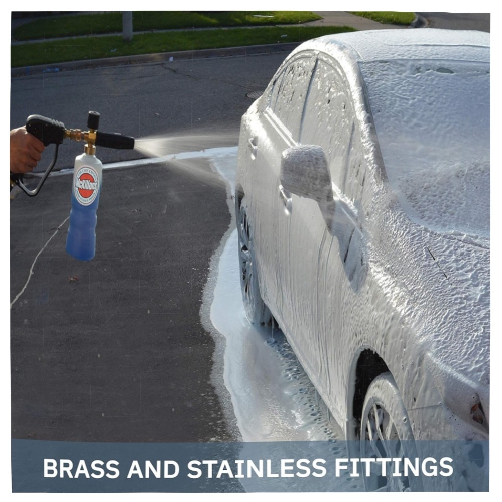 Schneeschaumkanone Hochdruckreiniger 1 L mit verstellbarer Lanze & 6,35 mm Schnellverbinder – Messinganschlüsse, dicker Schaum für schonende Autowäsche